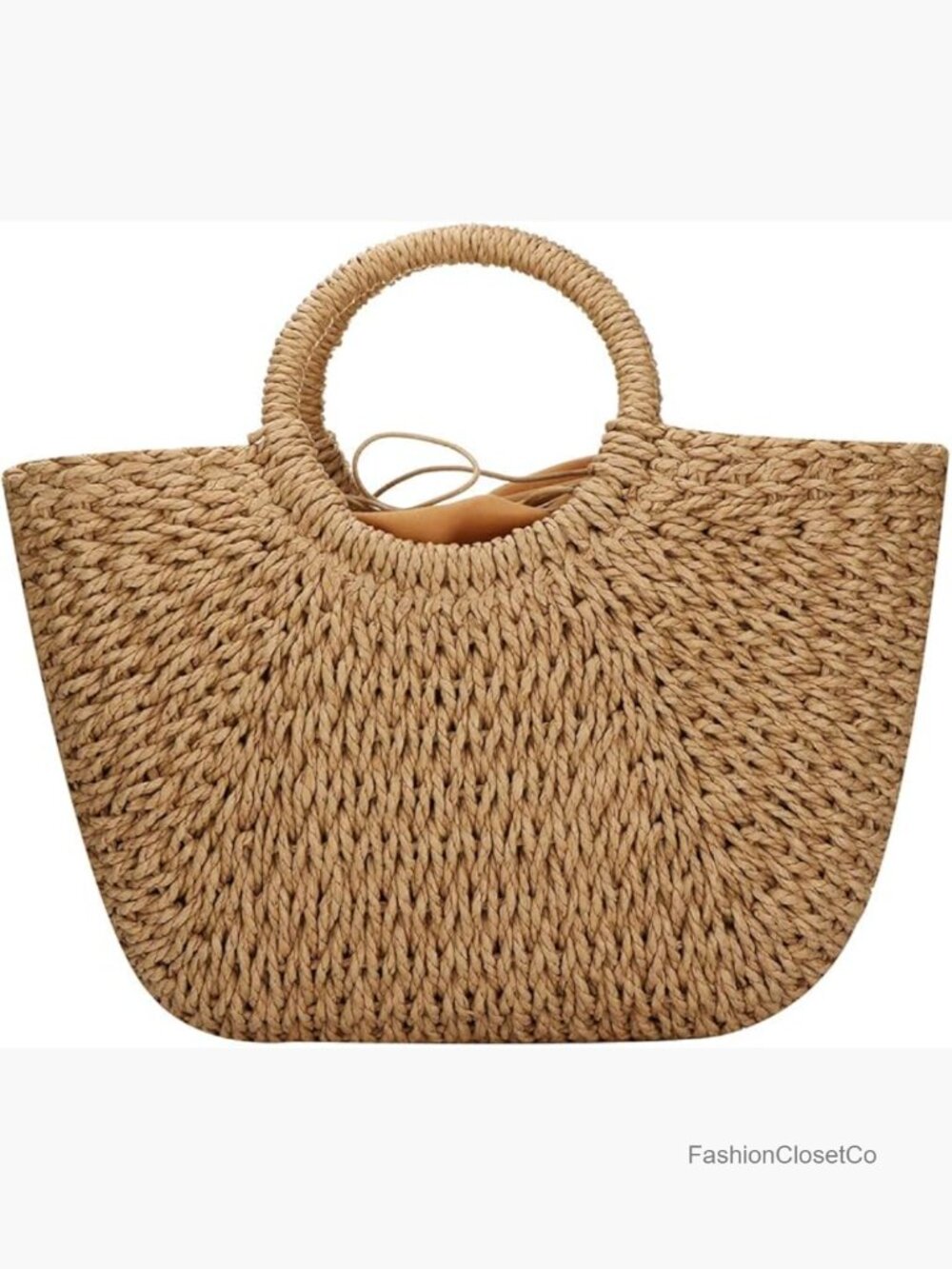 Hand-woven Straw Large Tote Bag Round Handle Ring Summer Beach Rattan Purse